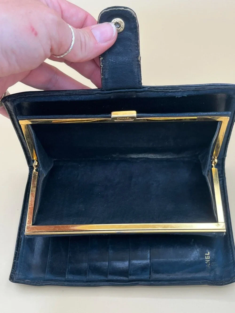 Title: CHANEL Vintage Black Patent Leather CC Logo Long Wallet Kisslock Coin Mad
